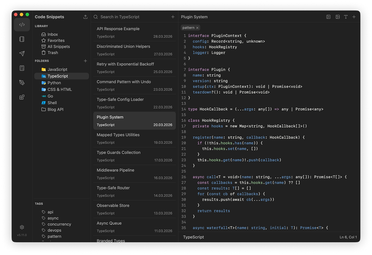Code snippets organized in folders with a TypeScript snippet open in the editor