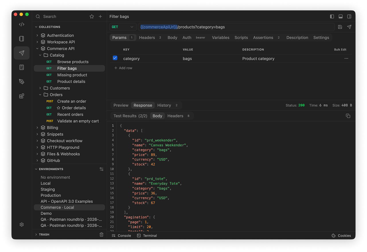 HTTP client with saved requests, request configuration, and response panel
