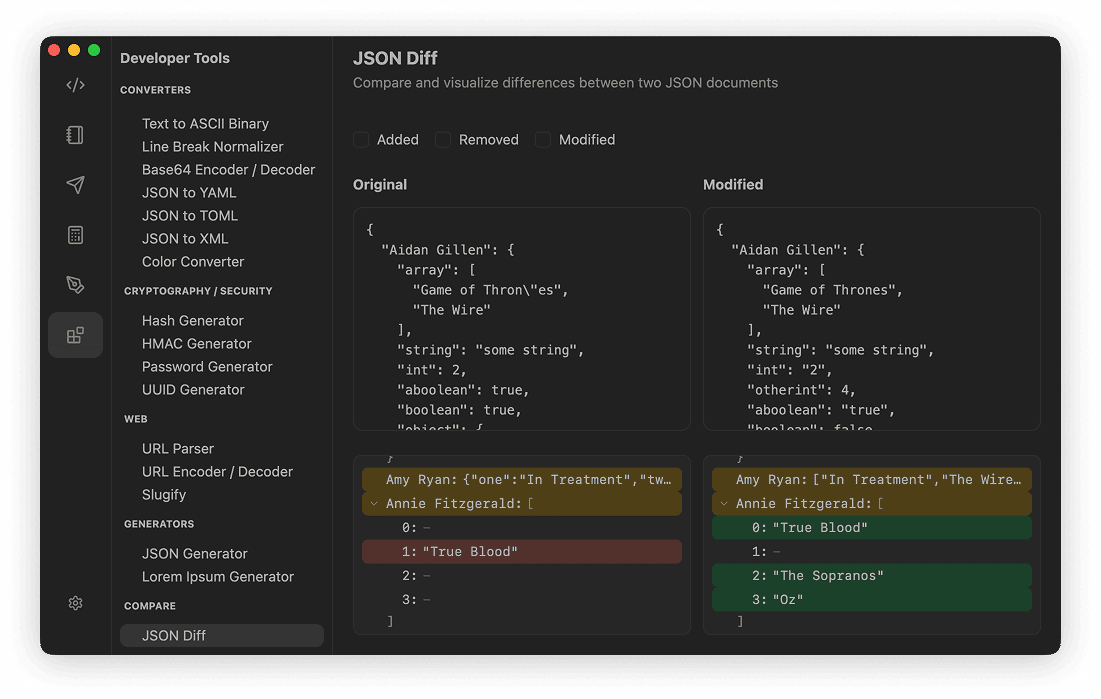 JSON Diff comparing original and modified JSON side by side
