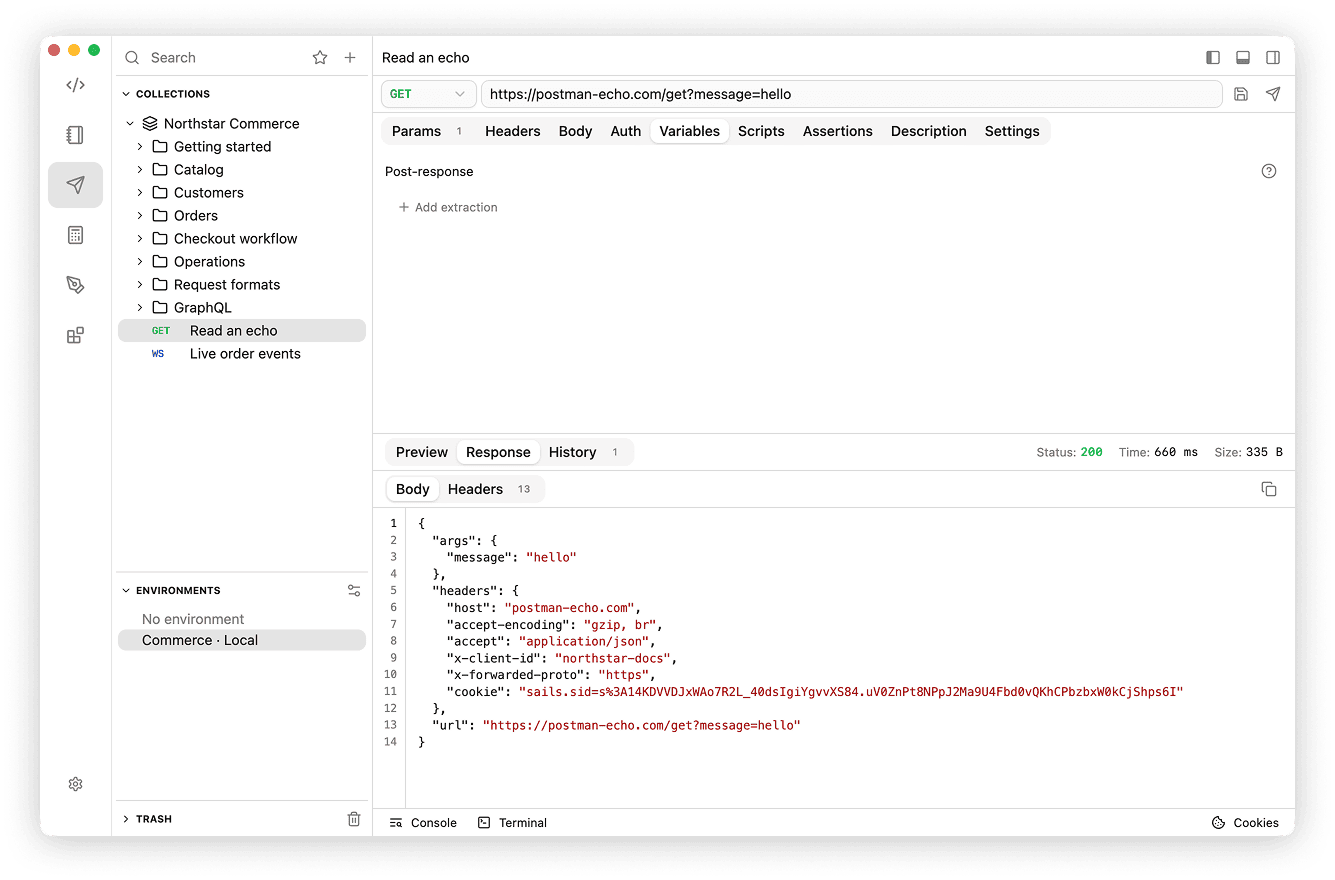 Public Postman Echo GET request returning args.message with hello