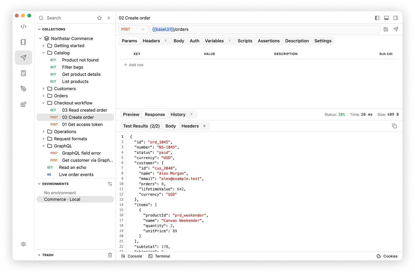 JSON order payload with HTTP 201 response