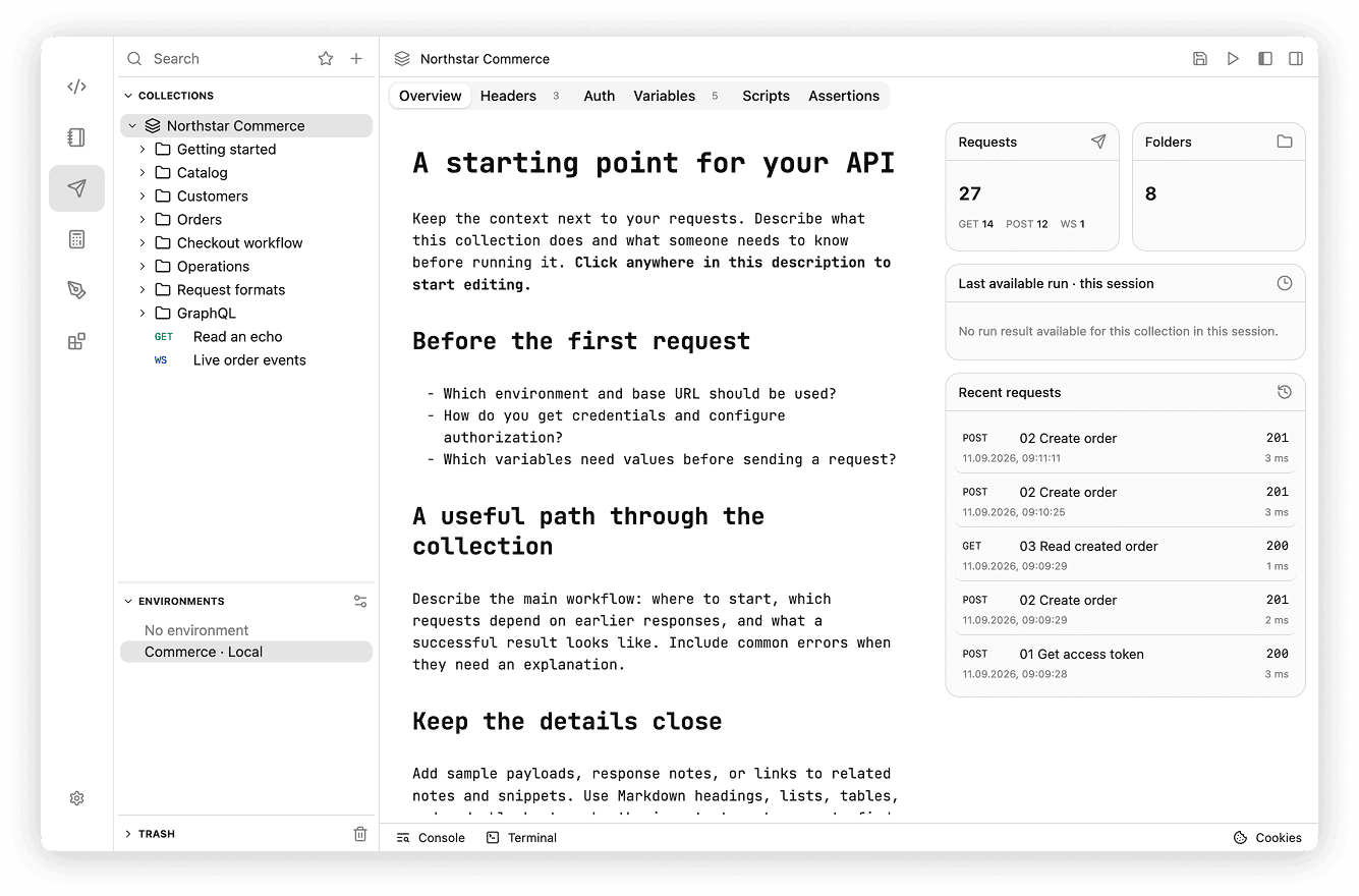 HTTP workspace with Collections, Environments, Trash, and the Northstar collection overview