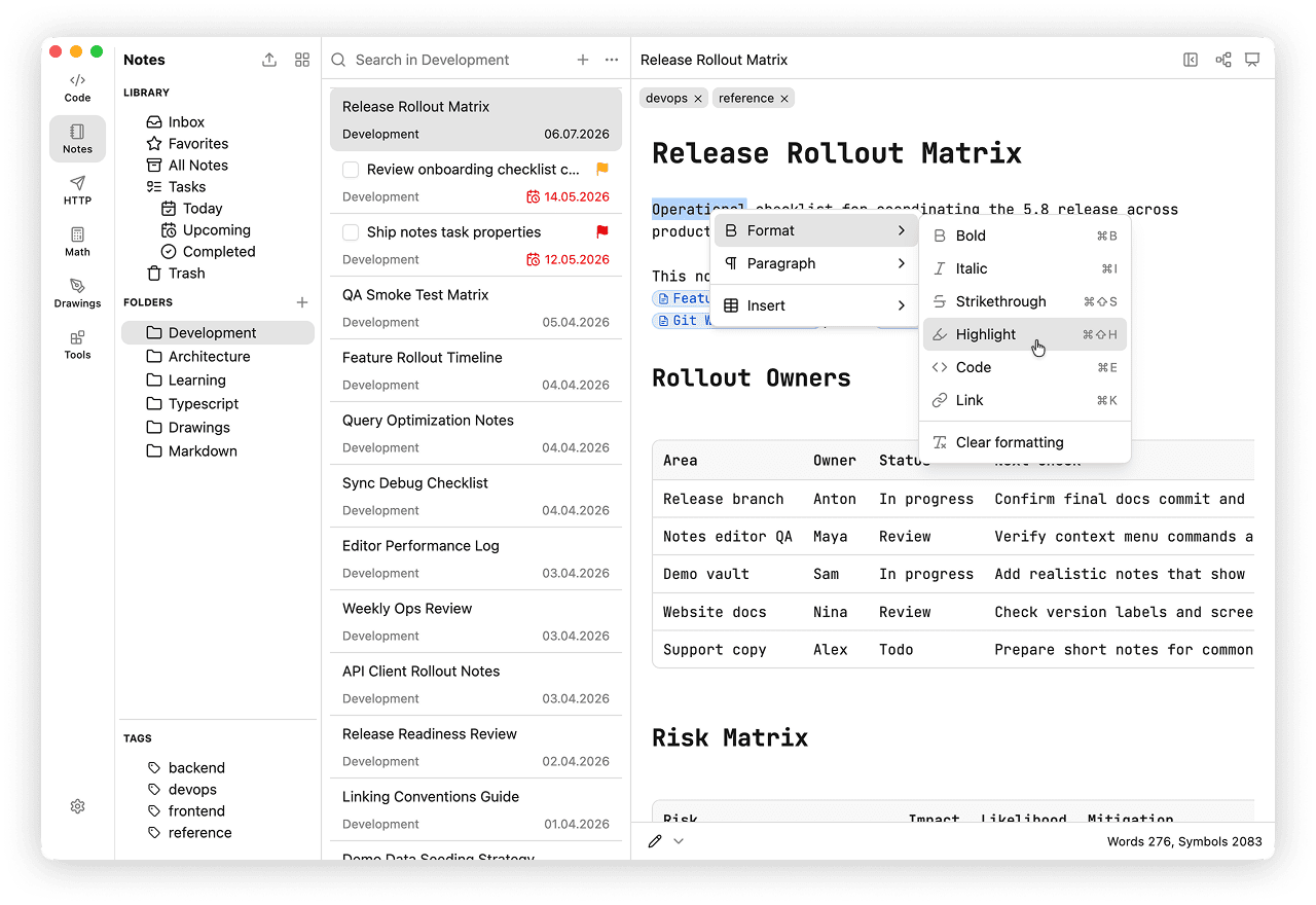 Notes editor context menu