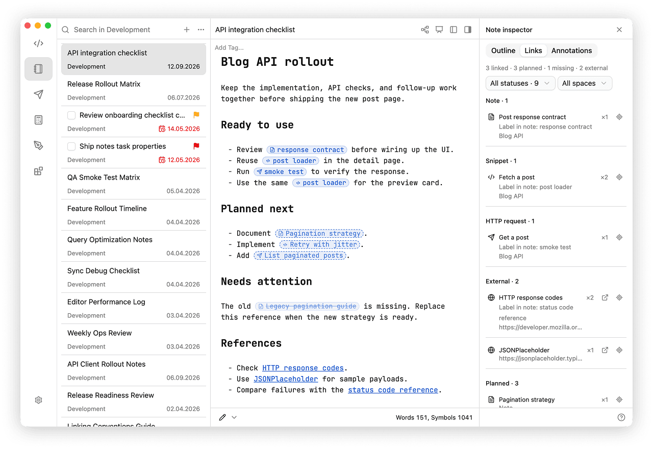 Note inspector showing linked notes, snippets, HTTP requests, external links, and planned items beside an API integration checklist