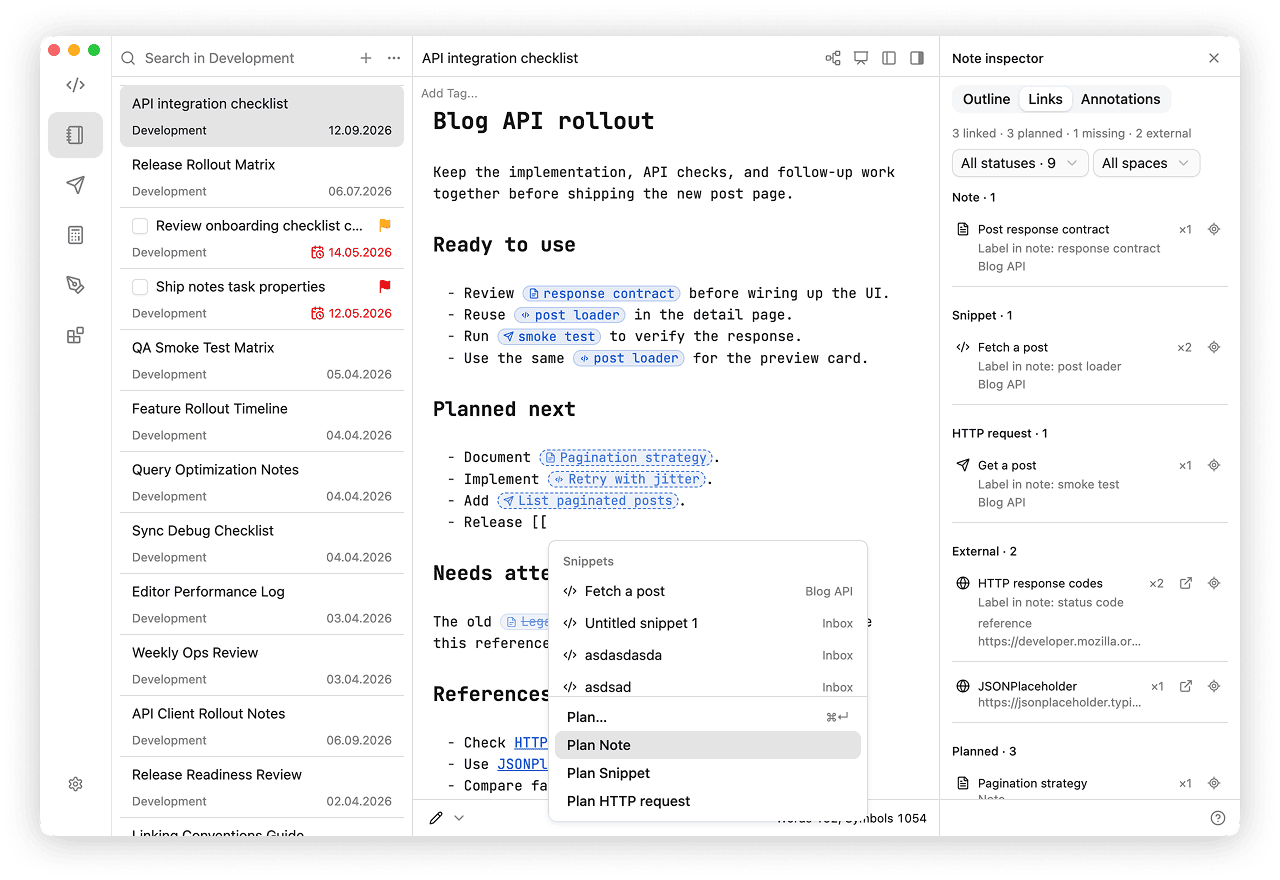 Internal link picker with Plan Note, Plan Snippet, and Plan HTTP request actions below existing results