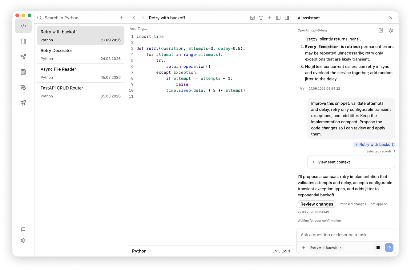AI assistant proposing improvements to a Python retry snippet with a Review changes button