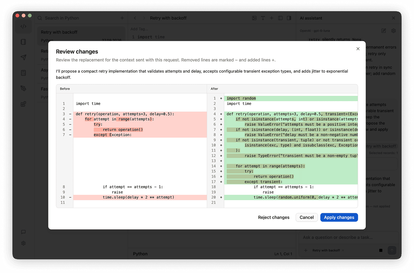 Review changes dialog comparing the original retry snippet with the proposed improvements